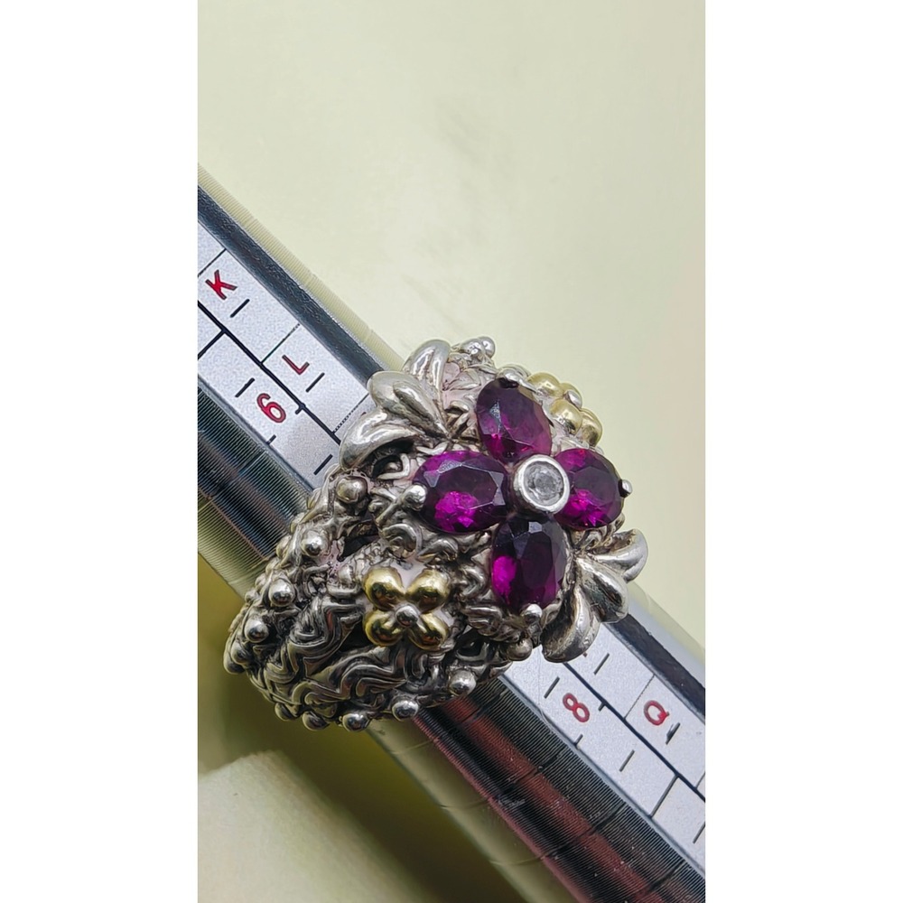 Barbara Bixby Sterling Silver 18K Gold Garnet White Topaz Floral Ring. Size 7 - Picture 8 of 11